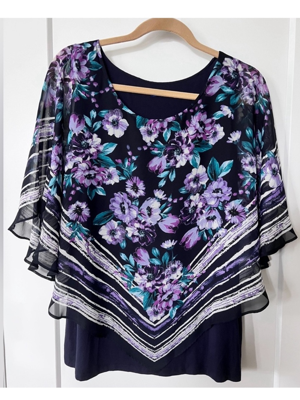 Apt. 9 Flowy Floral Top Blouse Black Purple Multi Asymmetrical Poncho Size XL